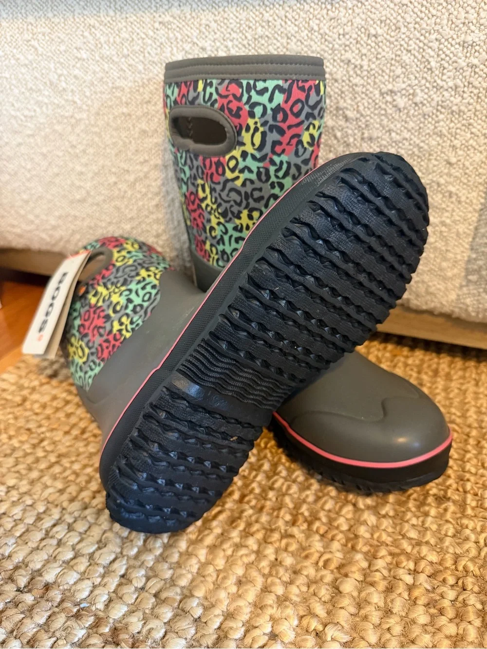 NWT Bogs Classic Boots - Gray with Multicolor Leopard Cuff